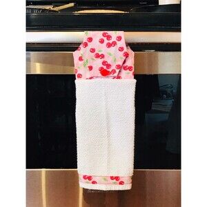 Hanging Kitchen Towel: Red, Pink, Tea Towel Cherries, For Oven Door Button Close